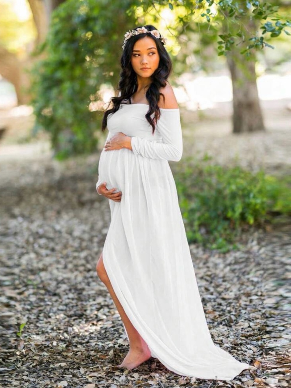 Elegant White Off-Shoulder Maternity Maxi Dress